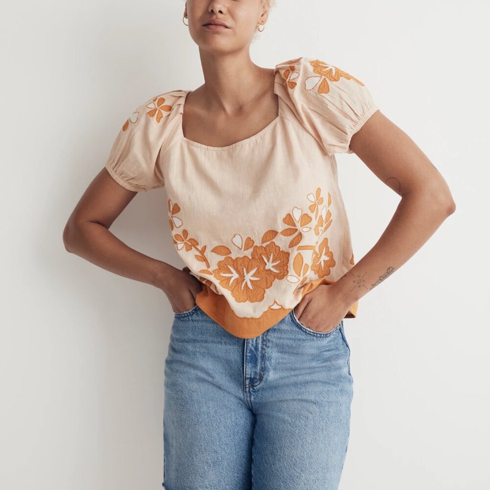 Cottage Core Top | Embroidered Top - XS | Madewell Embroidered Lace-Up Back Top